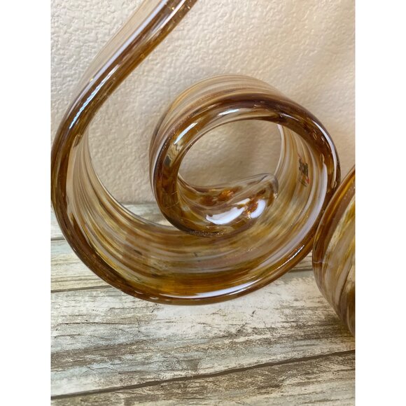 HQT Handcrafted Amber Swirl Art Glass Sculptures 12" – Set of 2 Murano Style Fla - Picture 4 of 13